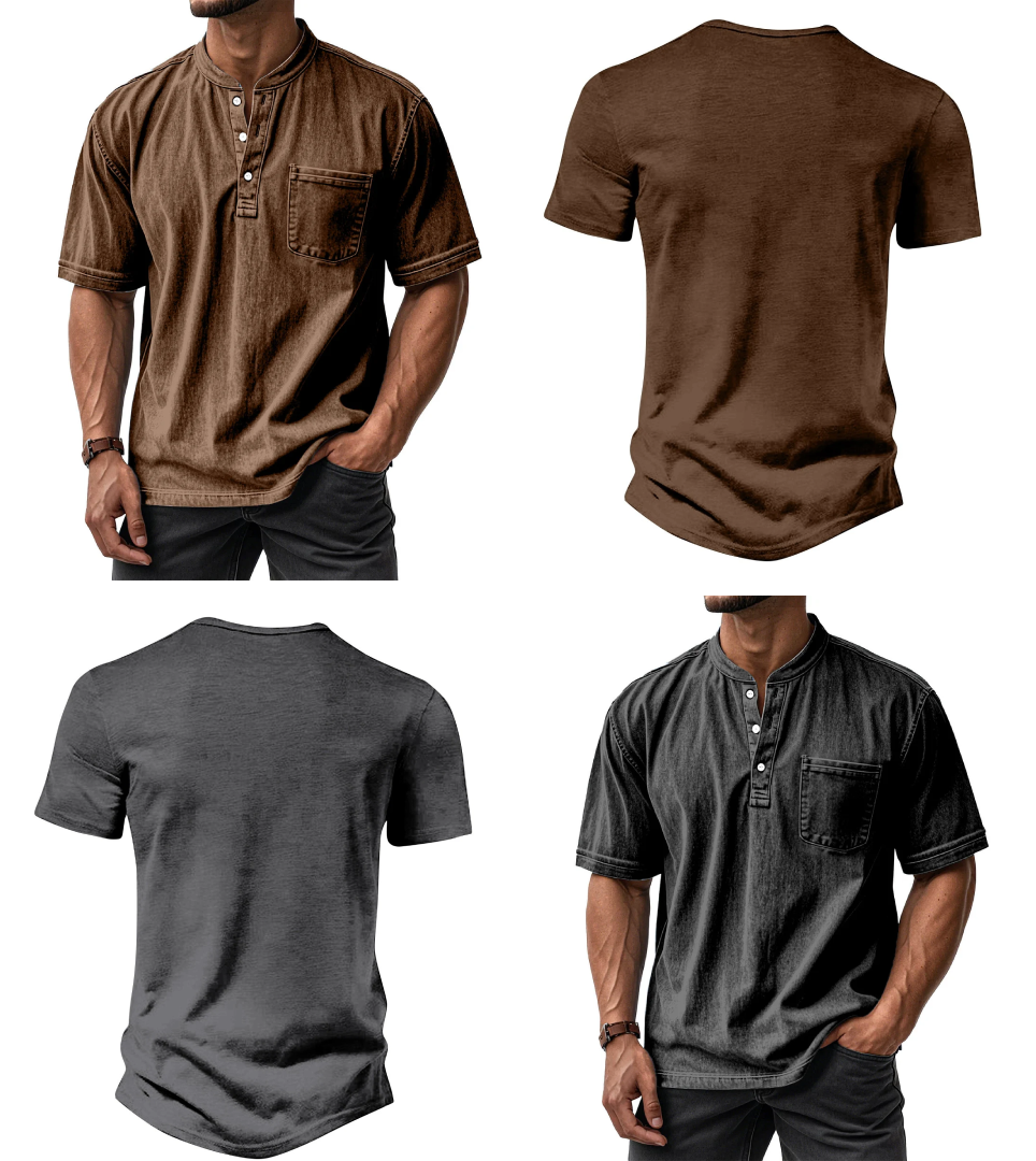 🔥 Lässiges, einfarbiges Vintage-Henley-Hemd mit lockerer Tasche und kurzen Ärmeln für Herren