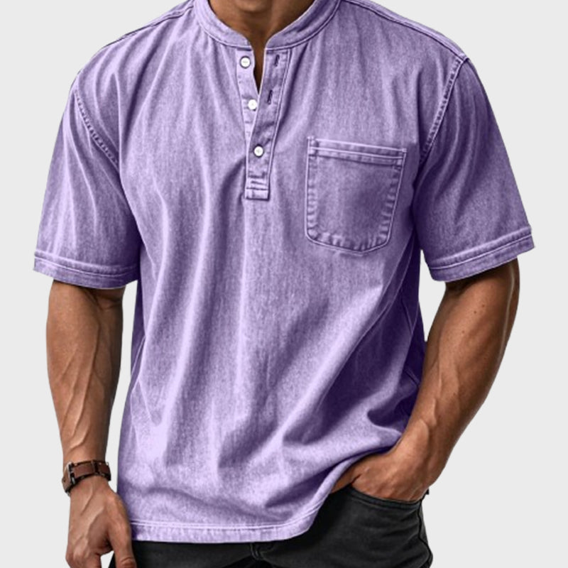 🔥 Lässiges, einfarbiges Vintage-Henley-Hemd mit lockerer Tasche und kurzen Ärmeln für Herren