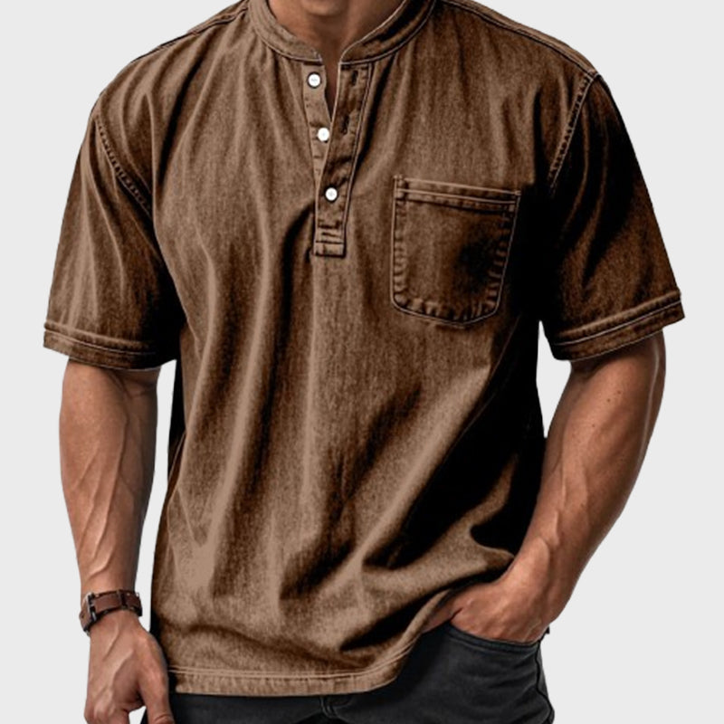 🔥 Lässiges, einfarbiges Vintage-Henley-Hemd mit lockerer Tasche und kurzen Ärmeln für Herren