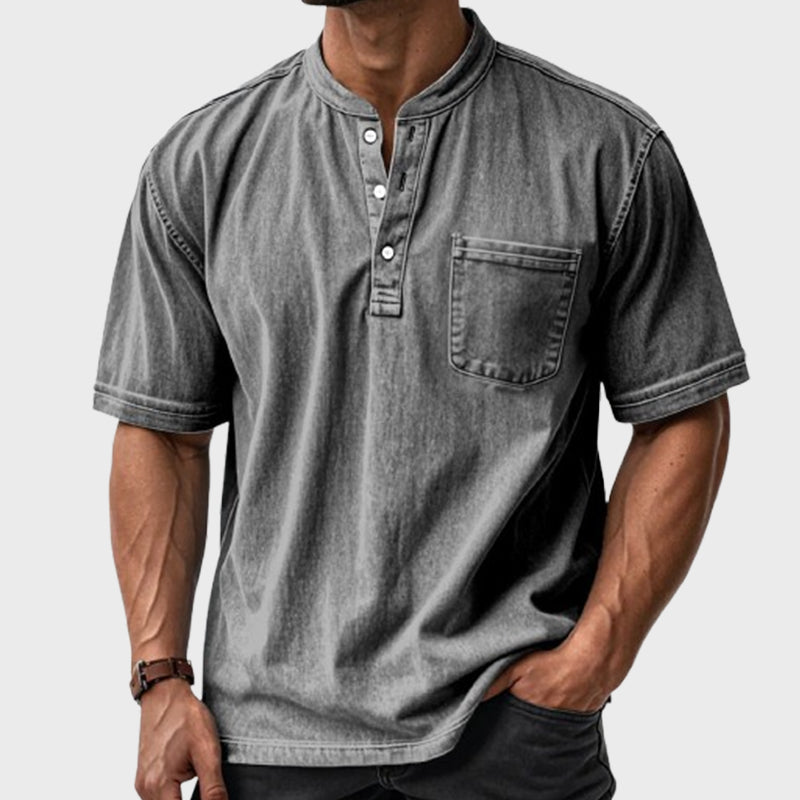🔥 Lässiges, einfarbiges Vintage-Henley-Hemd mit lockerer Tasche und kurzen Ärmeln für Herren