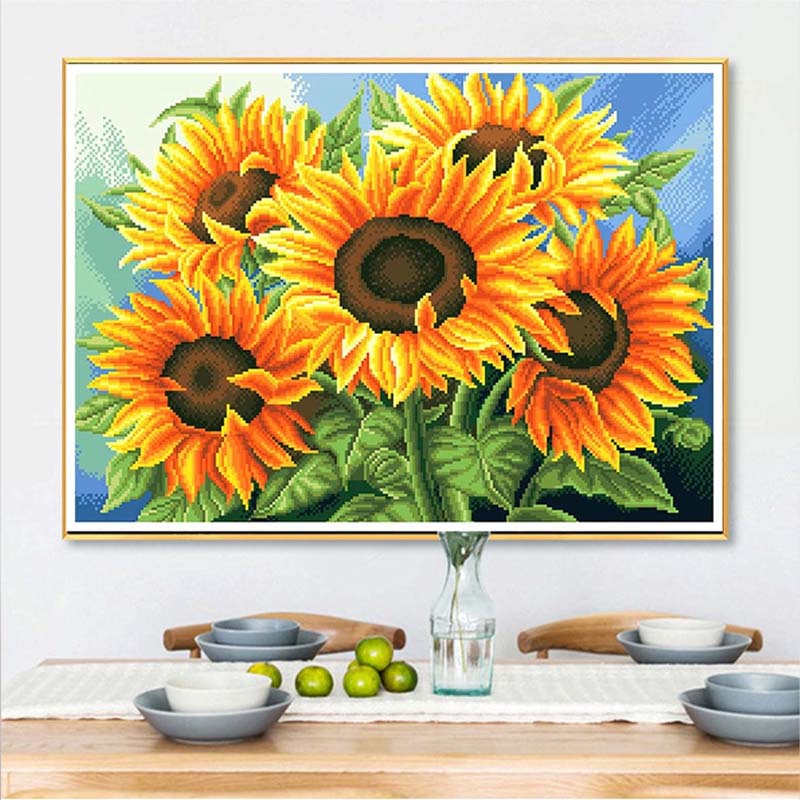 🌻 Kreuzstich-Stickbild – Sonnenblumenmotiv für Wohnzimmer & mehr