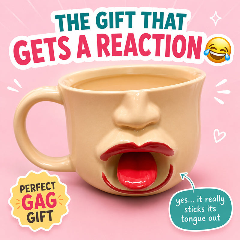 Ausgefallene Keramiktasse mit abstraktem Zungenmotiv