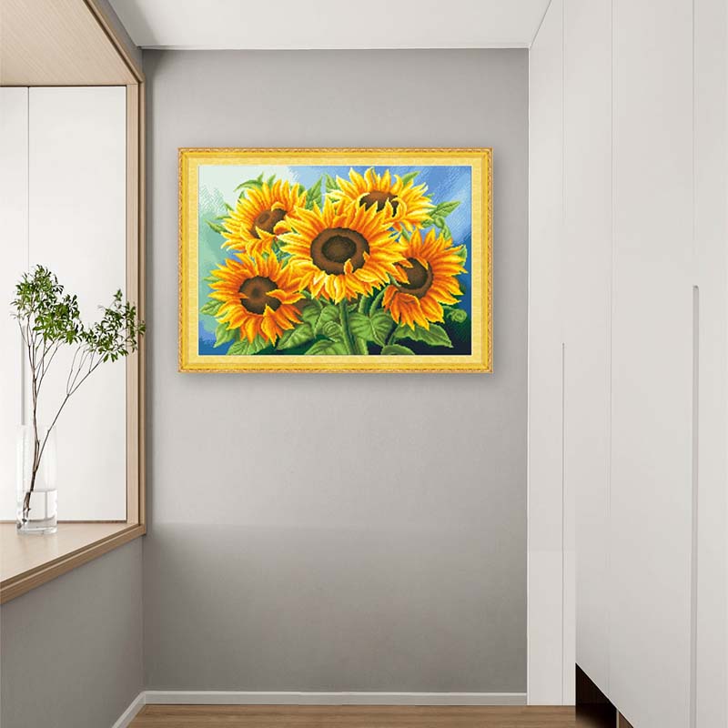 🌻 Kreuzstich-Stickbild – Sonnenblumenmotiv für Wohnzimmer & mehr