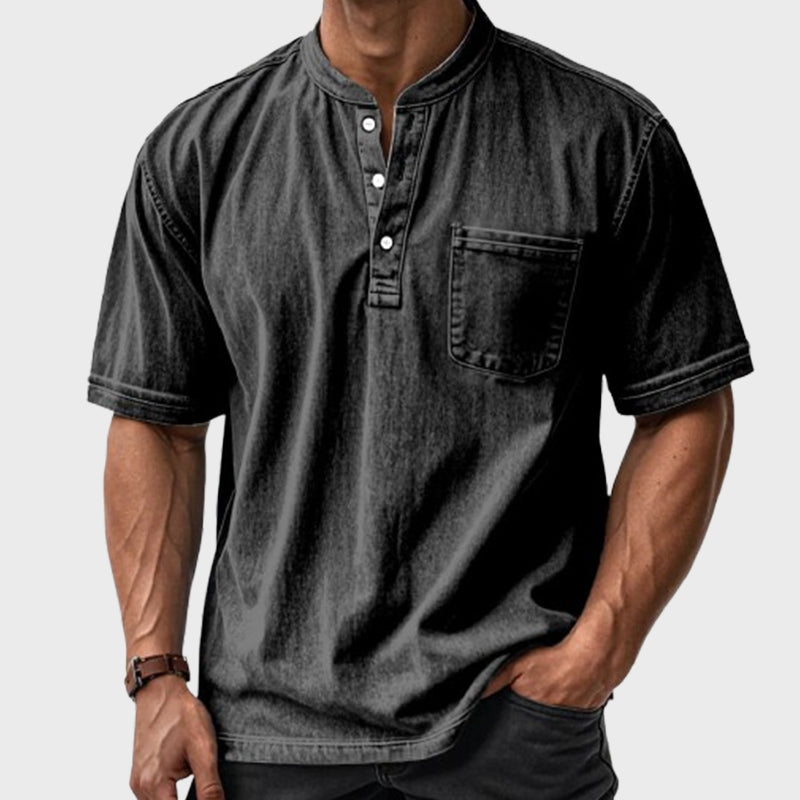 🔥 Lässiges, einfarbiges Vintage-Henley-Hemd mit lockerer Tasche und kurzen Ärmeln für Herren