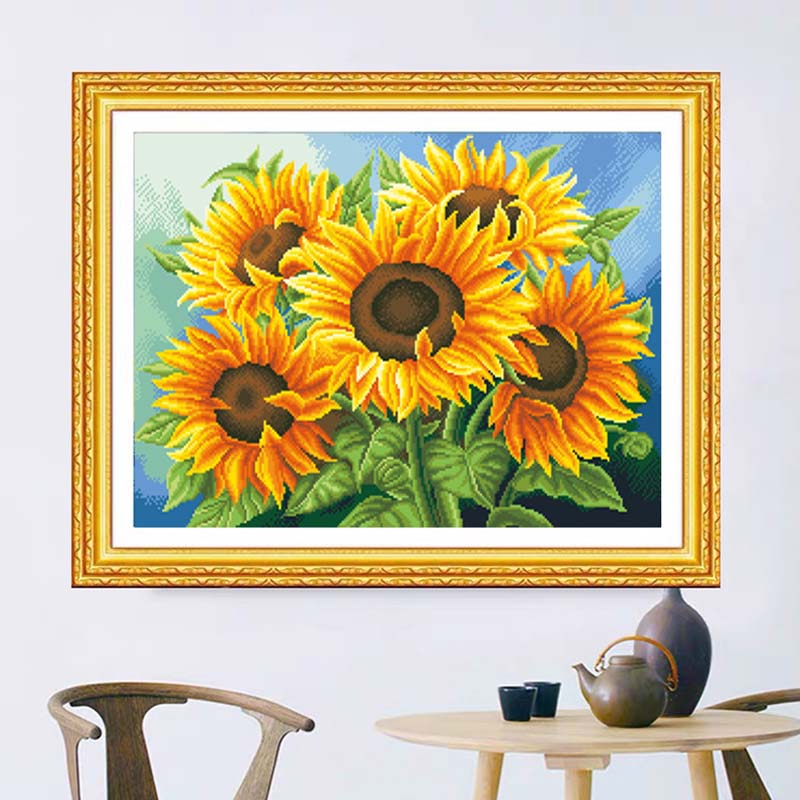 🌻 Kreuzstich-Stickbild – Sonnenblumenmotiv für Wohnzimmer & mehr