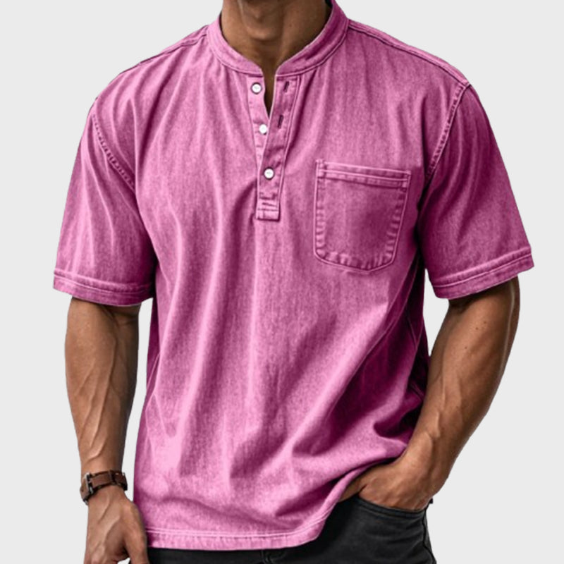 🔥 Lässiges, einfarbiges Vintage-Henley-Hemd mit lockerer Tasche und kurzen Ärmeln für Herren