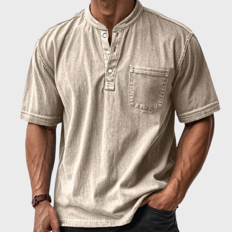 🔥 Lässiges, einfarbiges Vintage-Henley-Hemd mit lockerer Tasche und kurzen Ärmeln für Herren