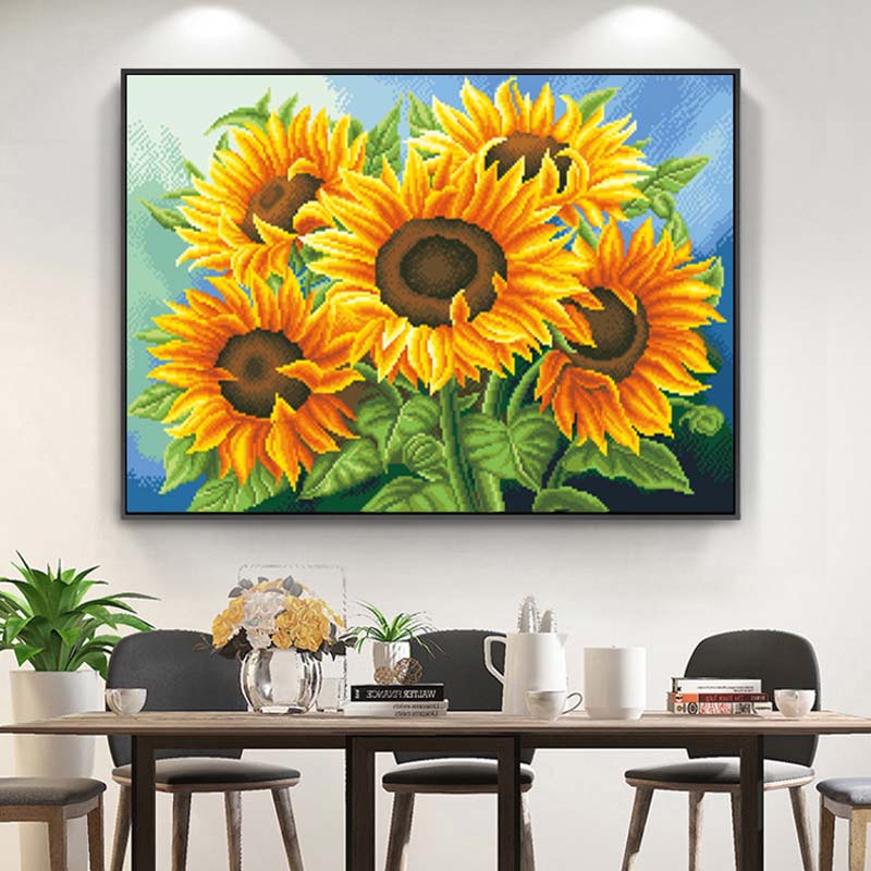 🌻 Kreuzstich-Stickbild – Sonnenblumenmotiv für Wohnzimmer & mehr