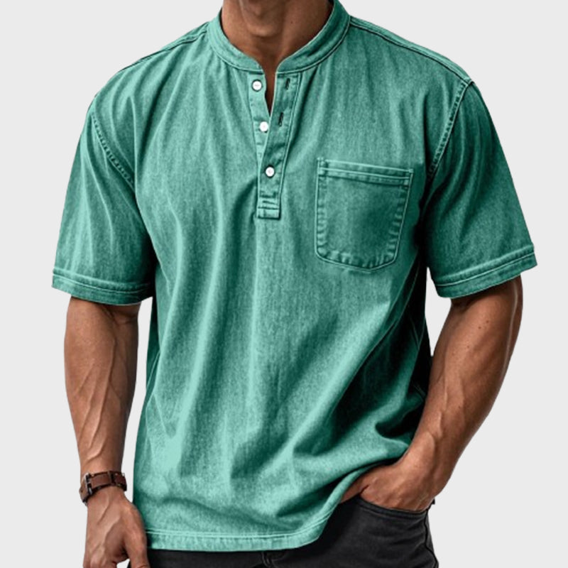 🔥 Lässiges, einfarbiges Vintage-Henley-Hemd mit lockerer Tasche und kurzen Ärmeln für Herren