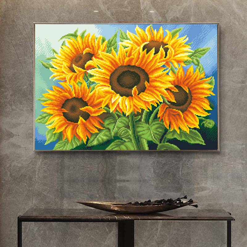 🌻 Kreuzstich-Stickbild – Sonnenblumenmotiv für Wohnzimmer & mehr