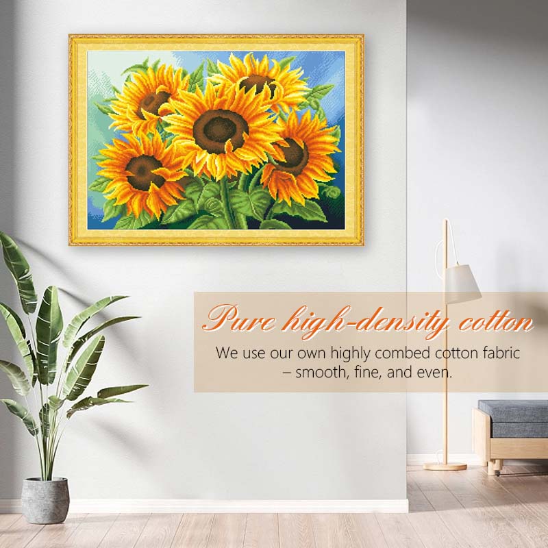 🌻 Kreuzstich-Stickbild – Sonnenblumenmotiv für Wohnzimmer & mehr