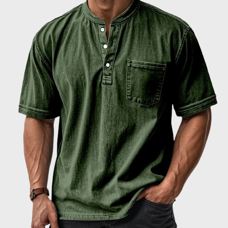 🔥 Lässiges, einfarbiges Vintage-Henley-Hemd mit lockerer Tasche und kurzen Ärmeln für Herren