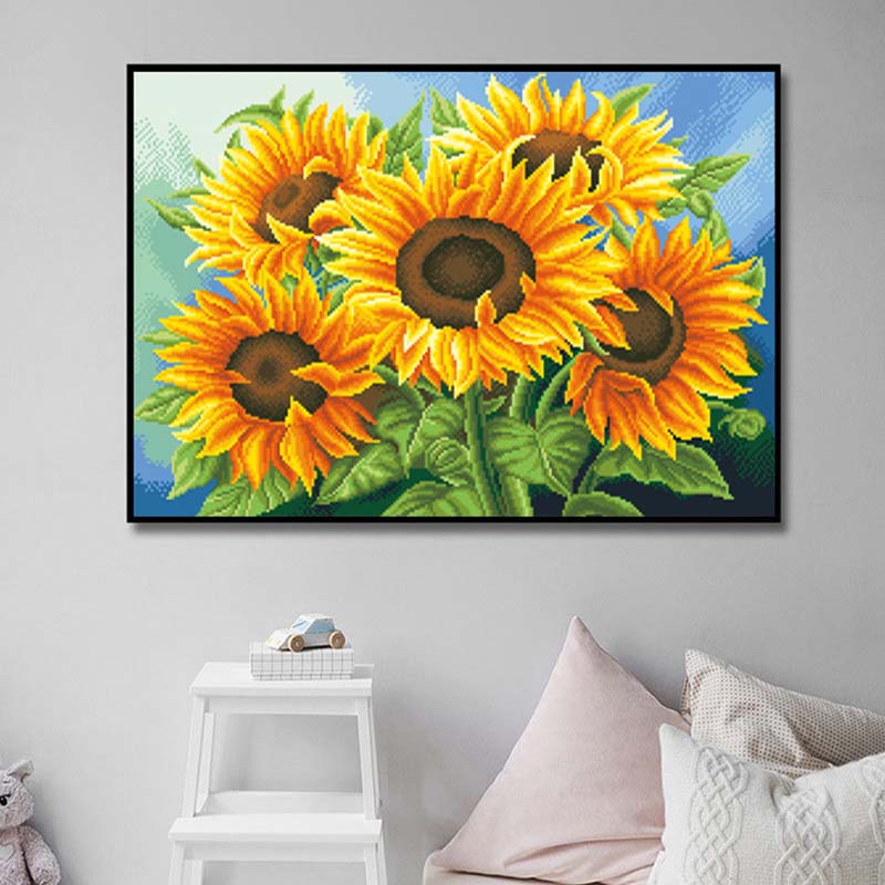 🌻 Kreuzstich-Stickbild – Sonnenblumenmotiv für Wohnzimmer & mehr