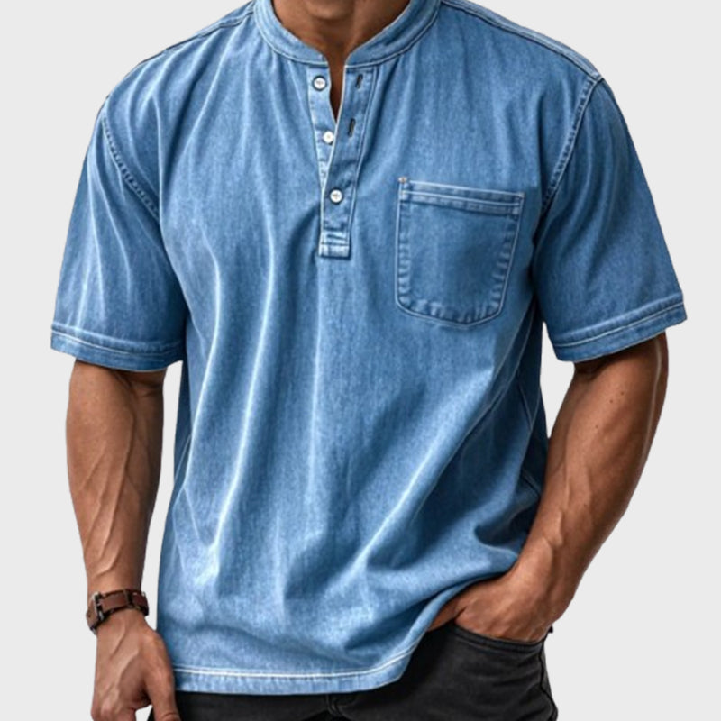🔥 Lässiges, einfarbiges Vintage-Henley-Hemd mit lockerer Tasche und kurzen Ärmeln für Herren