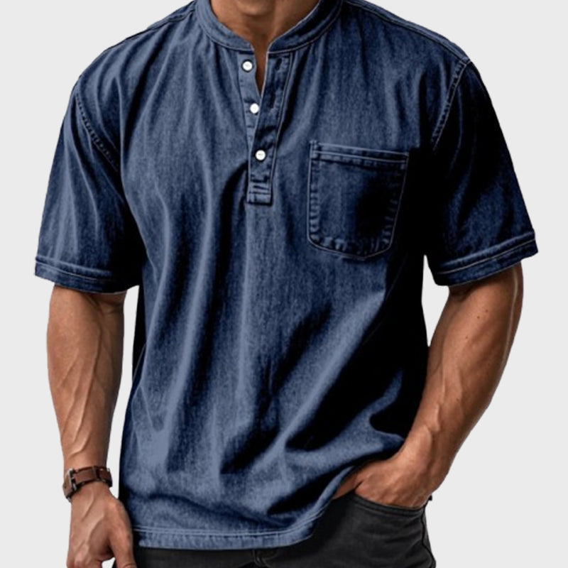🔥 Lässiges, einfarbiges Vintage-Henley-Hemd mit lockerer Tasche und kurzen Ärmeln für Herren