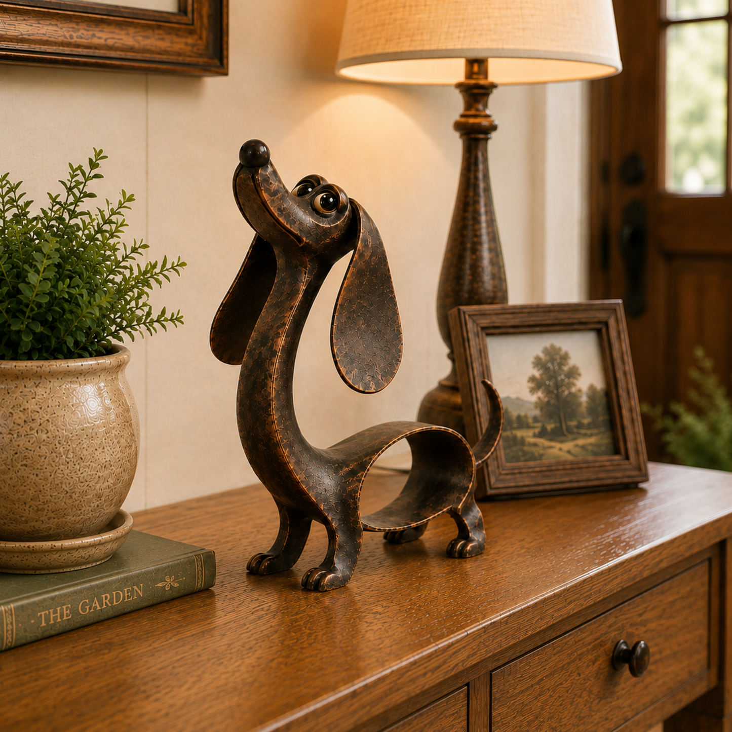 🐶✨ Dachshund-Anhänger in Antikbronze – Metallskulptur für Haus und Garten