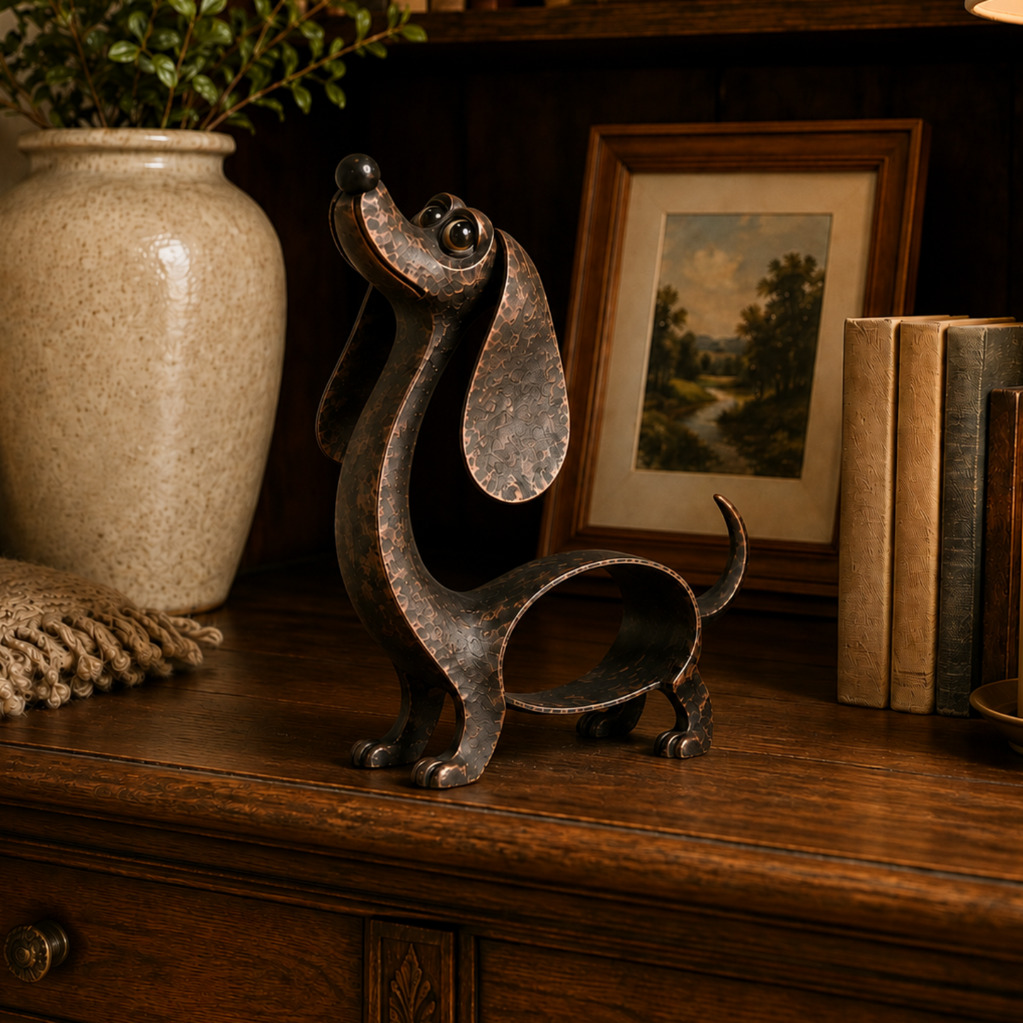 🐶✨ Dachshund-Anhänger in Antikbronze – Metallskulptur für Haus und Garten