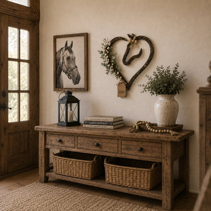 Rustikale Wanddekoration in Form eines Pferdeherzens mit Grünpflanzen – Wohnaccessoire im Farmhouse-Stil mit Pferdemotiv