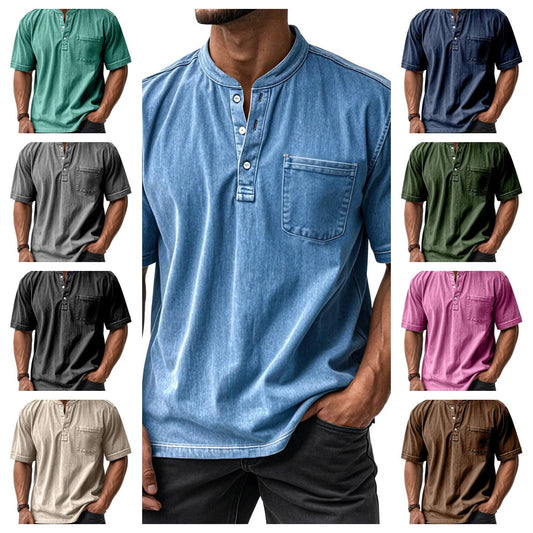 🔥 Lässiges, einfarbiges Vintage-Henley-Hemd mit lockerer Tasche und kurzen Ärmeln für Herren