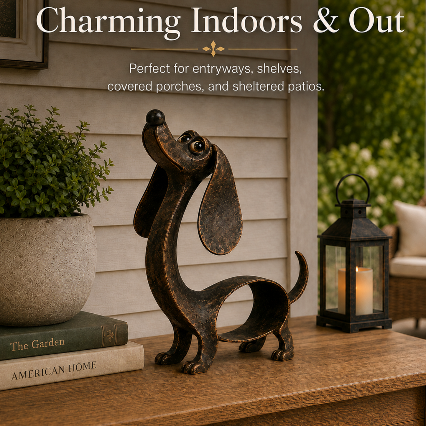 🐶✨ Dachshund-Anhänger in Antikbronze – Metallskulptur für Haus und Garten