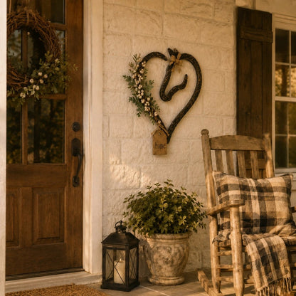 Rustikale Wanddekoration in Form eines Pferdeherzens mit Grünpflanzen – Wohnaccessoire im Farmhouse-Stil mit Pferdemotiv