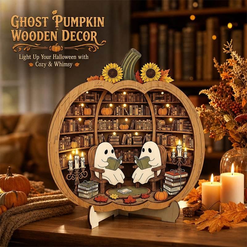 👻 Bezaubernde Halloween-Kürbis-Dekoration mit Geistern | Gemütliche Tischdekoration aus Holz mit charmanten Motiven