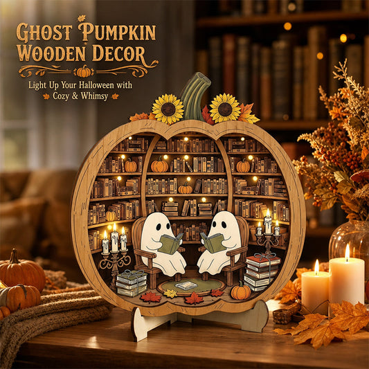 👻 Bezaubernde Halloween-Kürbis-Dekoration mit Geistern | Gemütliche Tischdekoration aus Holz mit charmanten Motiven