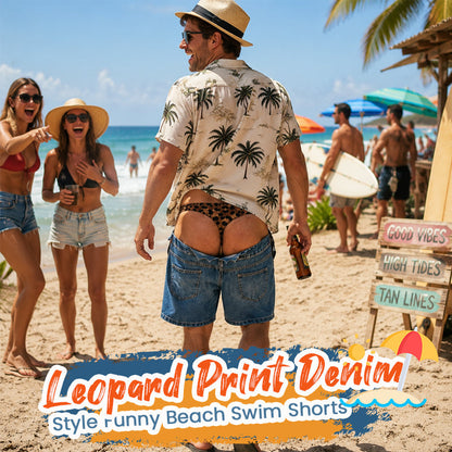 Lustige Badeshorts aus Kunstdenim mit Leopardenmuster | Ausgefallene Badeshorts mit optischer Täuschung