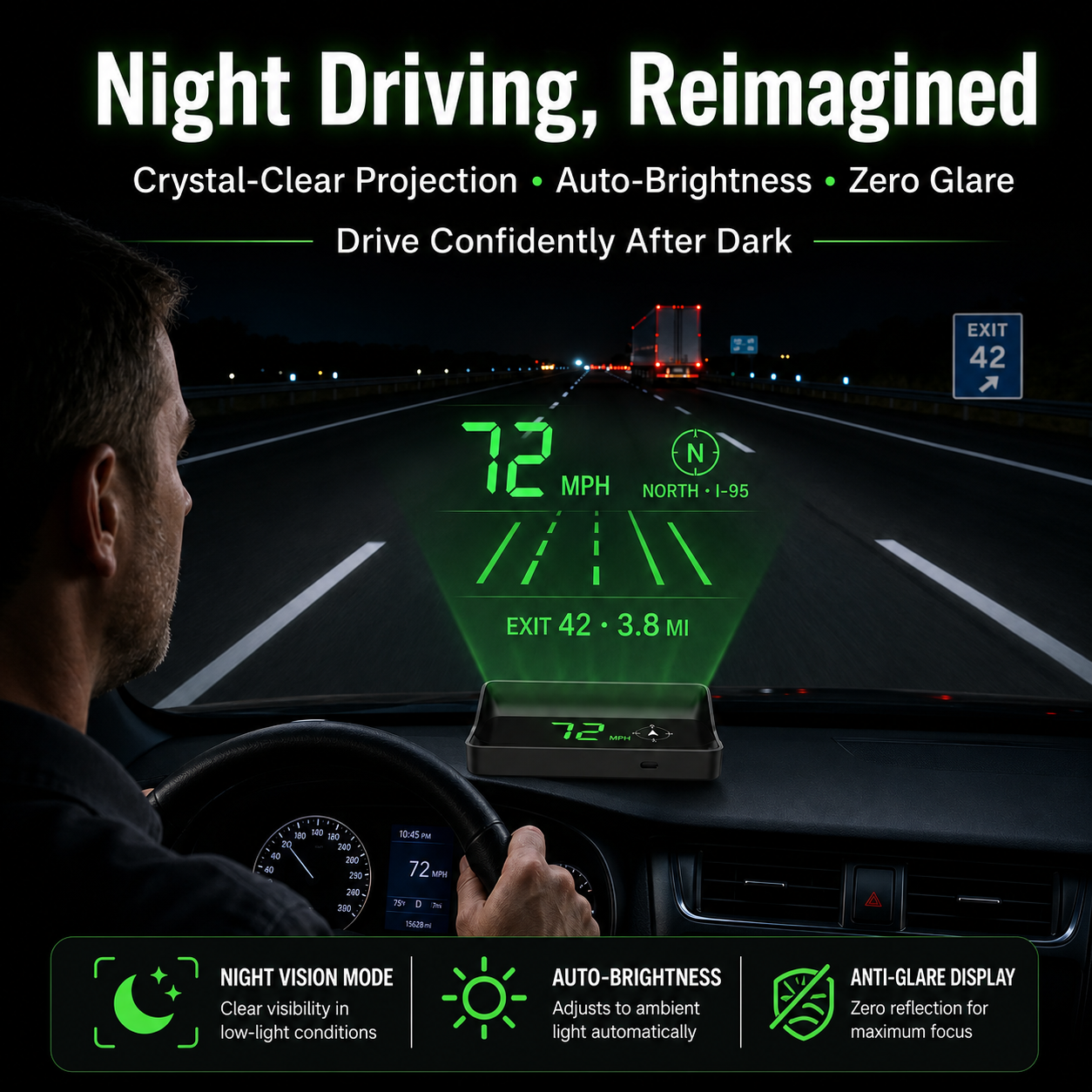 Head-Up-Display (HUD) – Navigationssystem für das Auto mit digitalem Tachometer