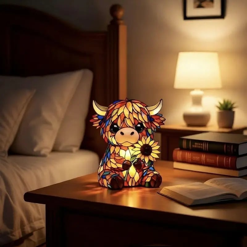 ✨ Kreatives LED-Nachtlicht in Form einer Hochlandkuh, Cartoon-Tierfigur aus Kunstharz für zu Hause, niedliche Deko-Lampe für Kinderzimmer und Wohnzimmer, Tisch- und Nachttischlampe, USB-betriebene Lampe