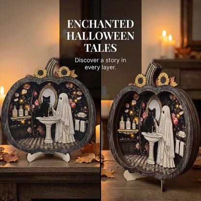 👻 Bezaubernde Halloween-Kürbis-Dekoration mit Geistern | Gemütliche Tischdekoration aus Holz mit charmanten Motiven