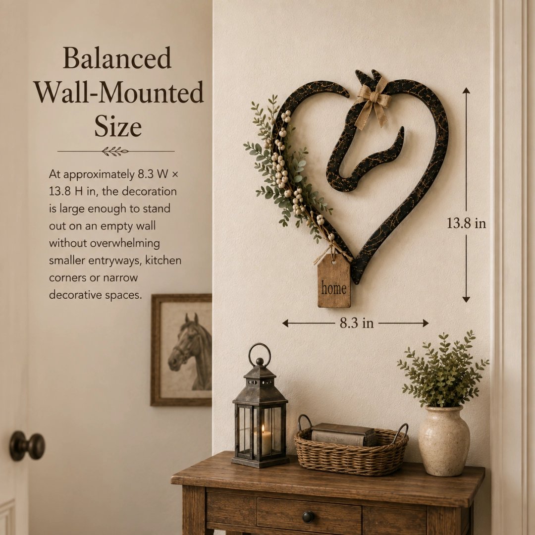 Rustikale Wanddekoration in Form eines Pferdeherzens mit Grünpflanzen – Wohnaccessoire im Farmhouse-Stil mit Pferdemotiv