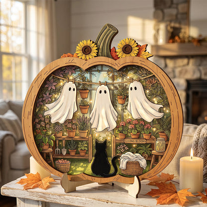 👻 Bezaubernde Halloween-Kürbis-Dekoration mit Geistern | Gemütliche Tischdekoration aus Holz mit charmanten Motiven