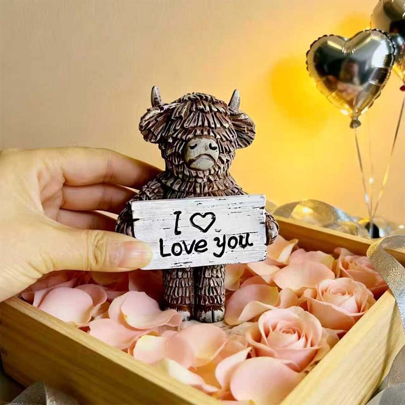Hochlandkuh „Ich ❤️ liebe dich“ Statue aus Harz