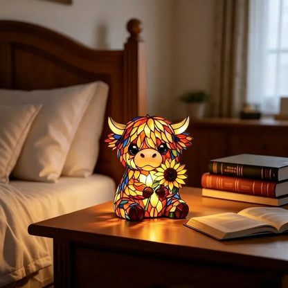 ✨ Kreatives LED-Nachtlicht in Form einer Hochlandkuh, Cartoon-Tierfigur aus Kunstharz für zu Hause, niedliche Deko-Lampe für Kinderzimmer und Wohnzimmer, Tisch- und Nachttischlampe, USB-betriebene Lampe
