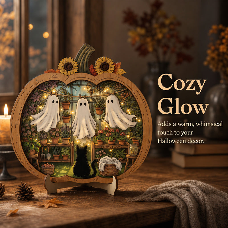 👻 Bezaubernde Halloween-Kürbis-Dekoration mit Geistern | Gemütliche Tischdekoration aus Holz mit charmanten Motiven