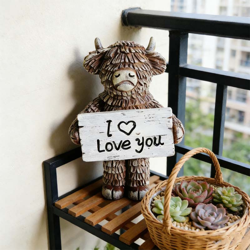 Hochlandkuh „Ich ❤️ liebe dich“ Statue aus Harz