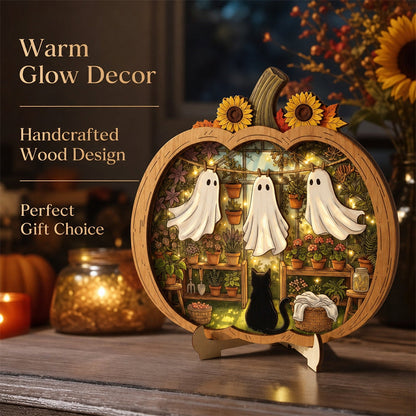 👻 Bezaubernde Halloween-Kürbis-Dekoration mit Geistern | Gemütliche Tischdekoration aus Holz mit charmanten Motiven
