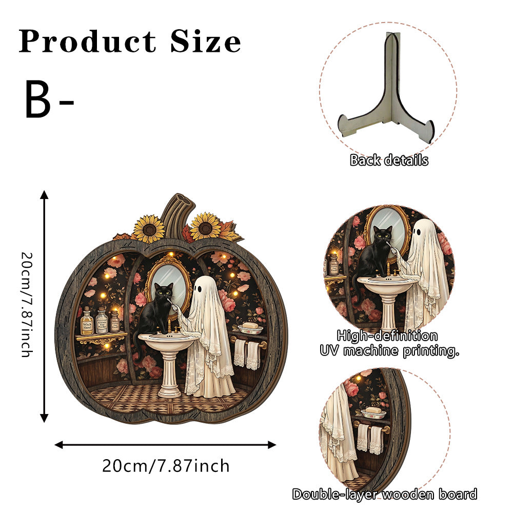 👻 Bezaubernde Halloween-Kürbis-Dekoration mit Geistern | Gemütliche Tischdekoration aus Holz mit charmanten Motiven