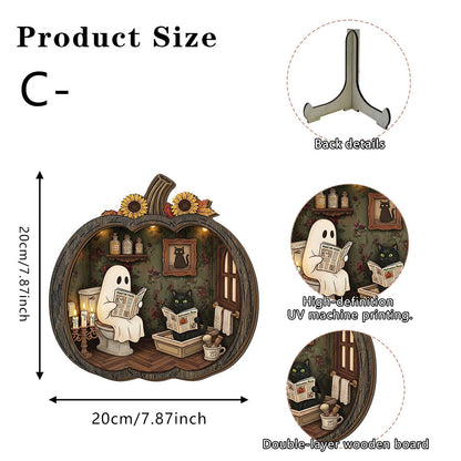 👻 Bezaubernde Halloween-Kürbis-Dekoration mit Geistern | Gemütliche Tischdekoration aus Holz mit charmanten Motiven