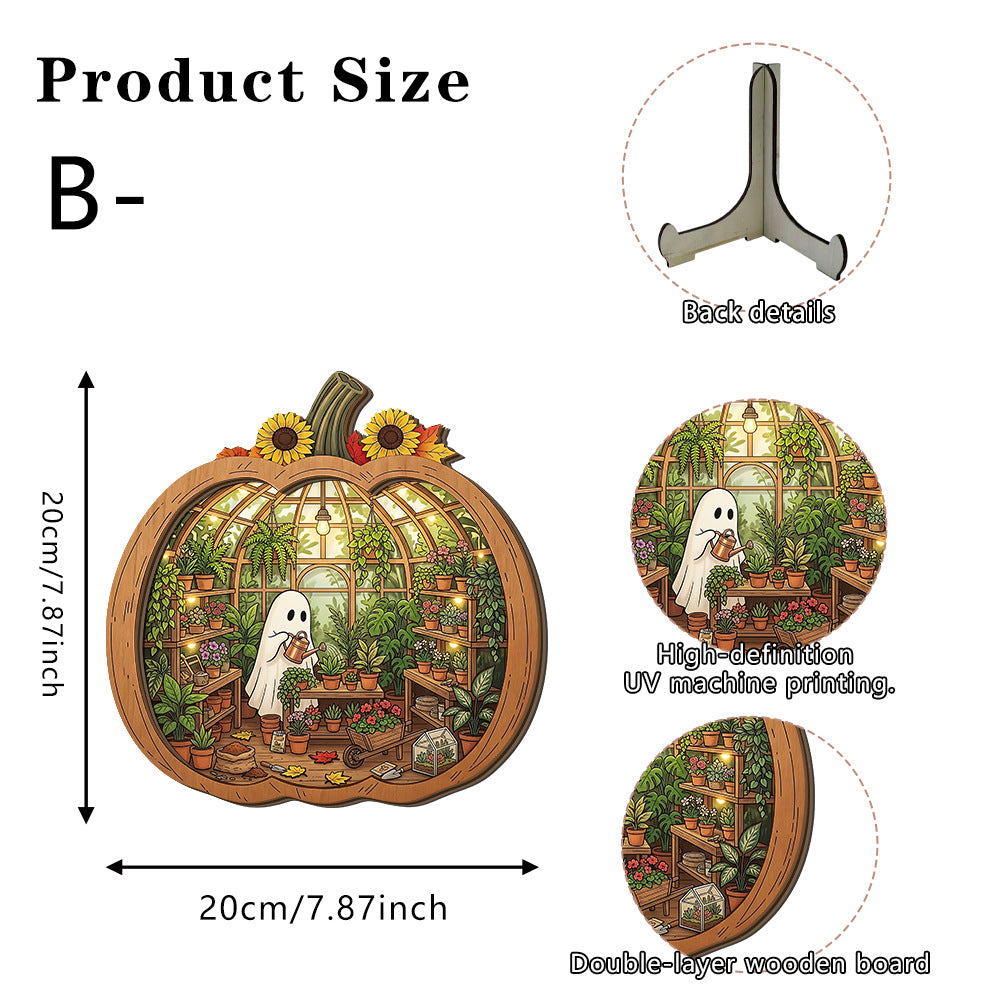 👻 Bezaubernde Halloween-Kürbis-Dekoration mit Geistern | Gemütliche Tischdekoration aus Holz mit charmanten Motiven