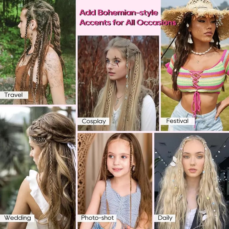 🔥🆕 2026 Boho-Dreadlock-Clip-In-Haarverlängerungen 🌿 – 20" geflochtenes Haar mit Perlen und Anhängern