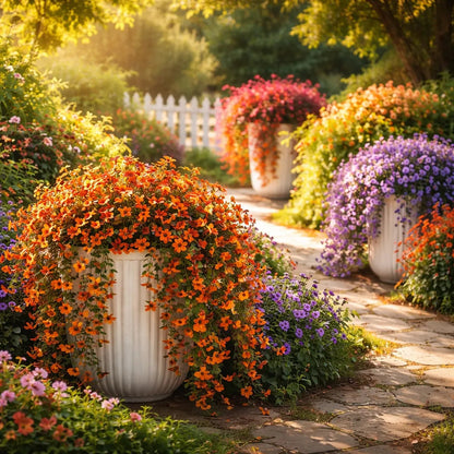 Kaskadenförmig angeordnete Gänseblümchen und Eukalyptusblüten für den Außenbereich – UV-beständig