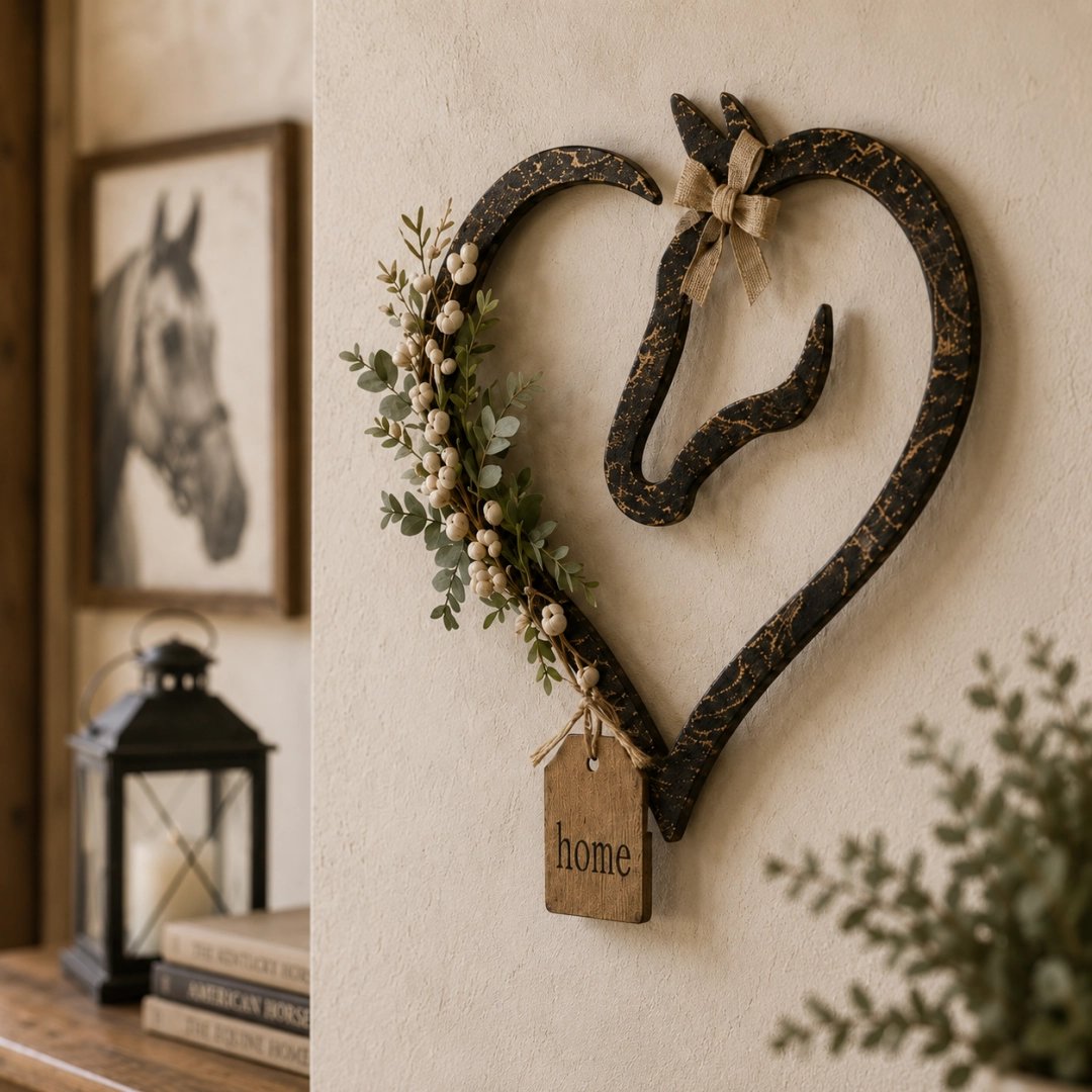 Rustikale Wanddekoration in Form eines Pferdeherzens mit Grünpflanzen – Wohnaccessoire im Farmhouse-Stil mit Pferdemotiv