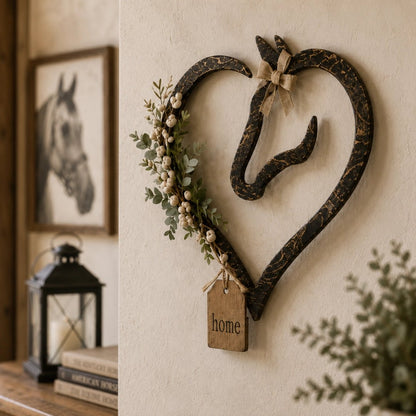 Rustikale Wanddekoration in Form eines Pferdeherzens mit Grünpflanzen – Wohnaccessoire im Farmhouse-Stil mit Pferdemotiv