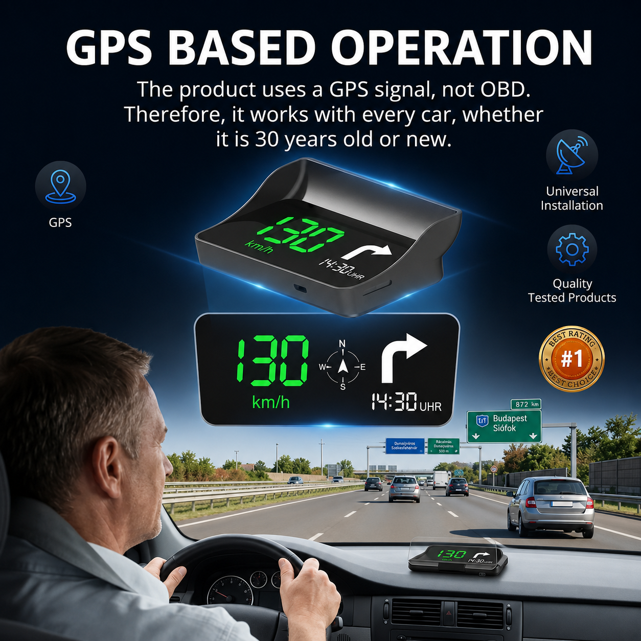 Head-Up-Display (HUD) – Navigationssystem für das Auto mit digitalem Tachometer