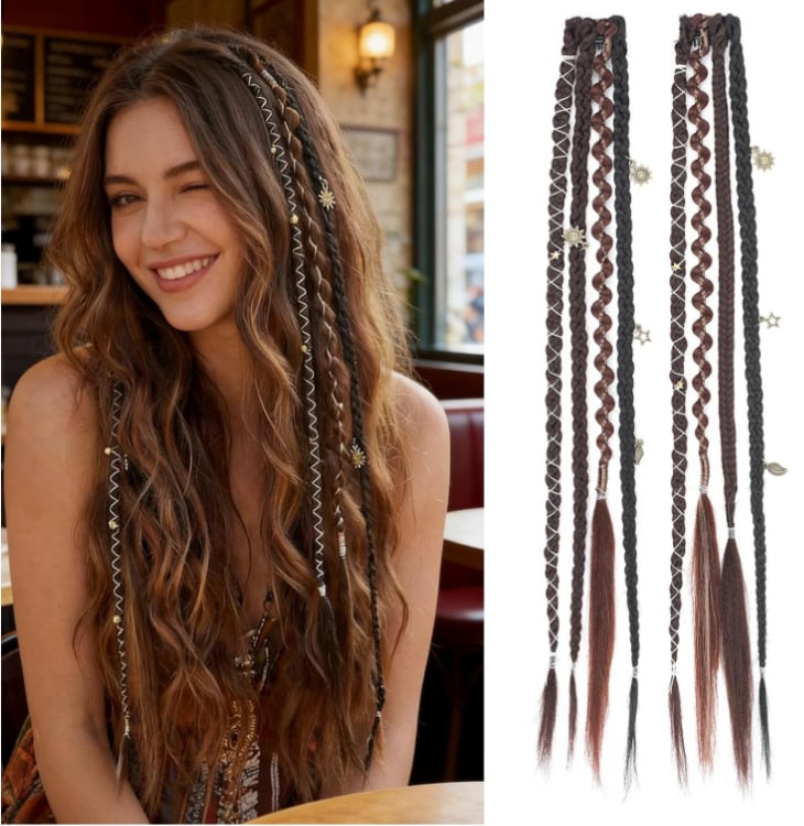 🔥🆕 2026 Boho-Dreadlock-Clip-In-Haarverlängerungen 🌿 – 20" geflochtenes Haar mit Perlen und Anhängern
