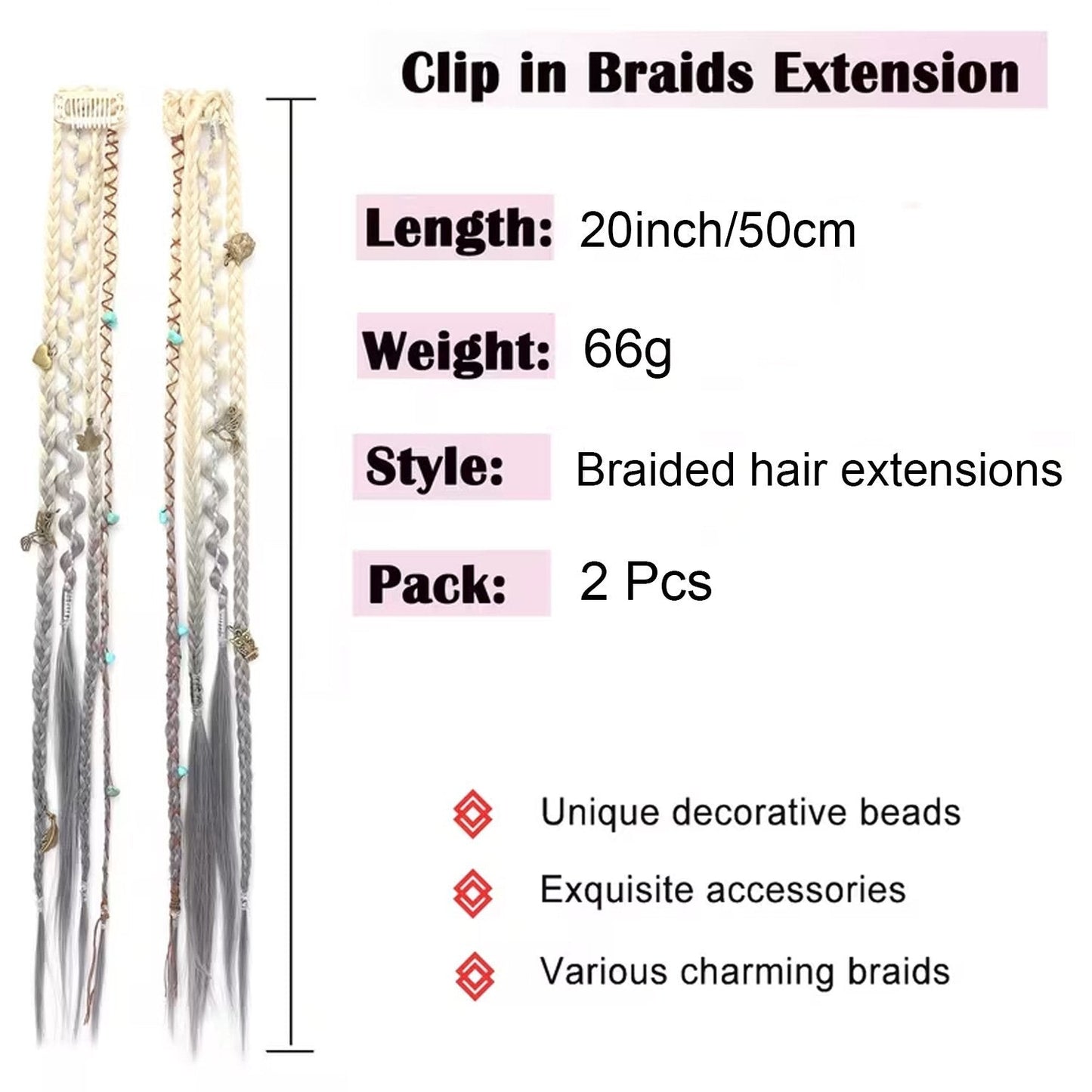 🔥🆕 2026 Boho-Dreadlock-Clip-In-Haarverlängerungen 🌿 – 20" geflochtenes Haar mit Perlen und Anhängern