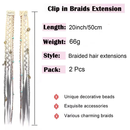 🔥🆕 2026 Boho-Dreadlock-Clip-In-Haarverlängerungen 🌿 – 20" geflochtenes Haar mit Perlen und Anhängern