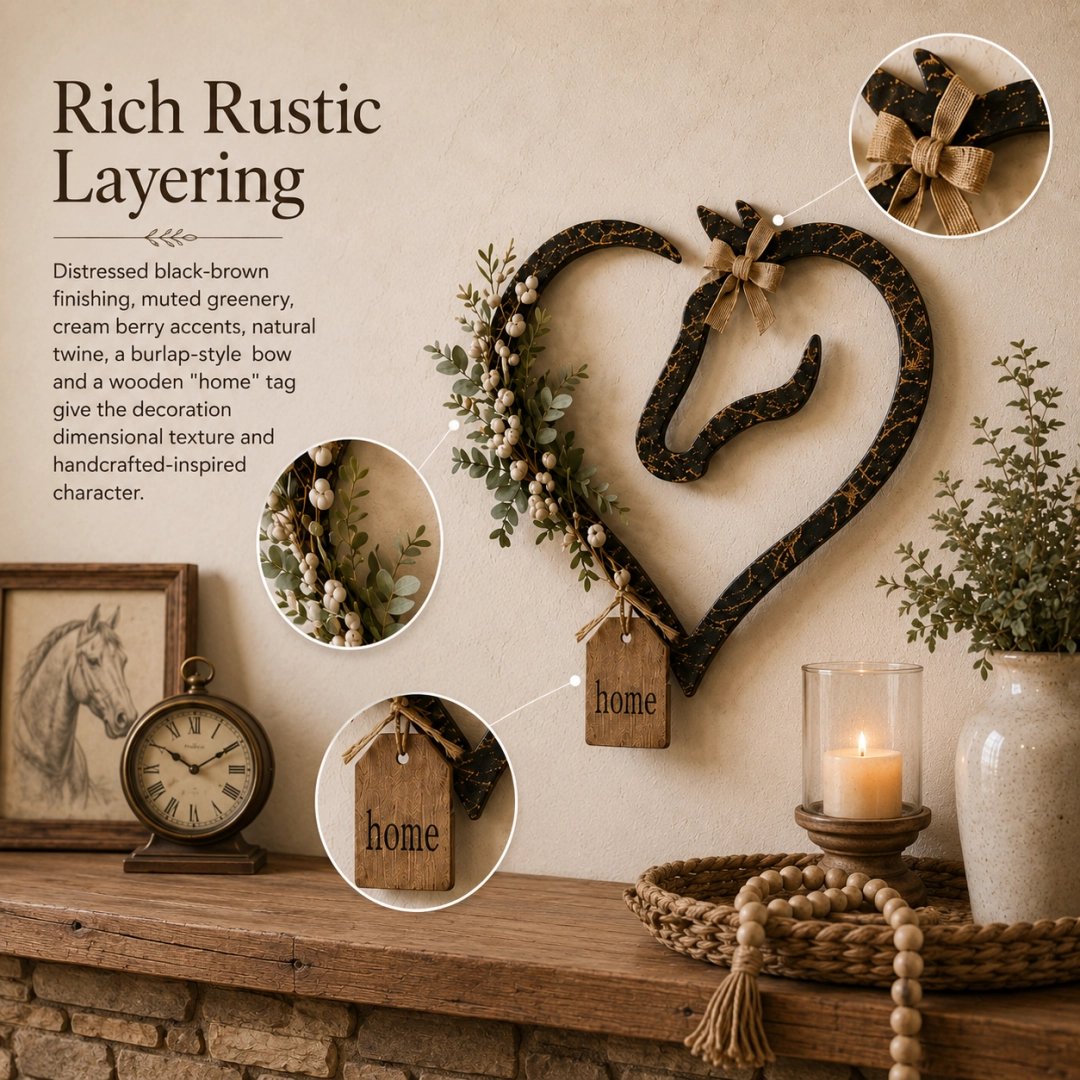 Rustikale Wanddekoration in Form eines Pferdeherzens mit Grünpflanzen – Wohnaccessoire im Farmhouse-Stil mit Pferdemotiv